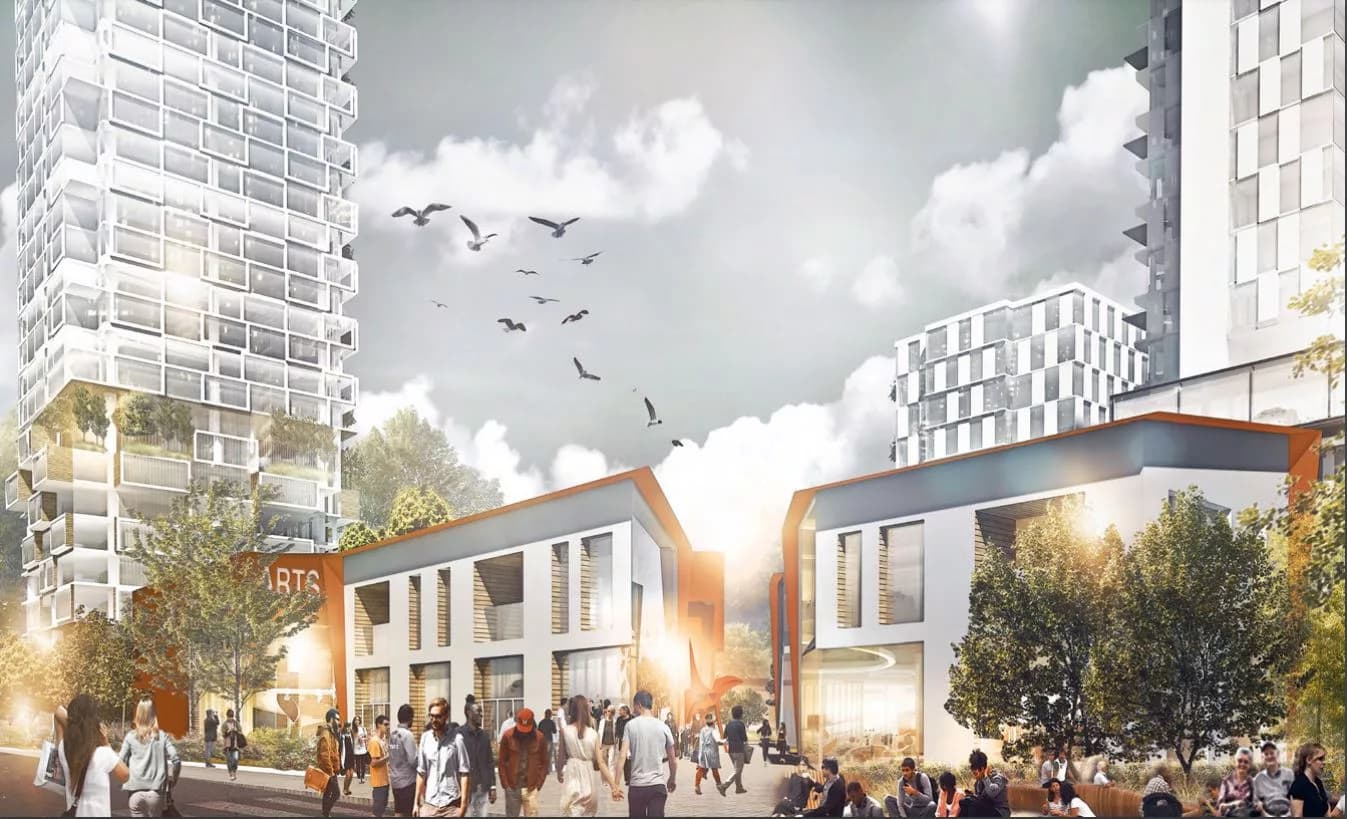 Westport Village – Street-level rendering of high-rise towers and a low-rise retail building with an 'Arts' sign, pedestrians walking through a plaza.