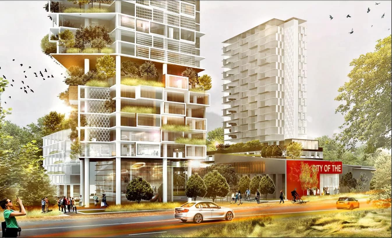 Westport Village – Street-level rendering of tall glass residential towers with greenery-covered terraces next to a lower retail building marked 'City of the...'.