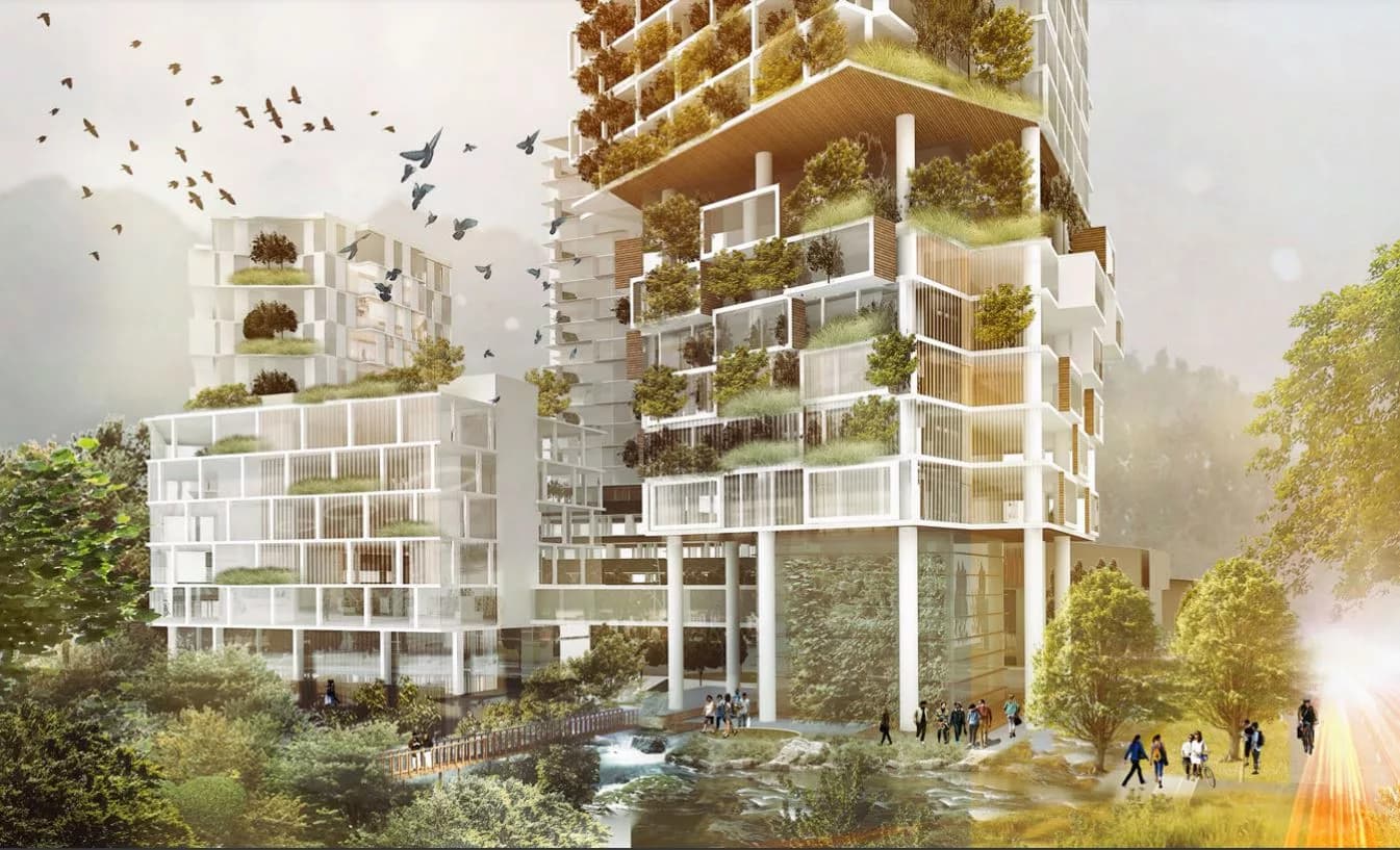 Westport Village – Ground-level view of terraced residential towers with greenery-filled balconies beside a stream, with pedestrians and cyclists on a path.