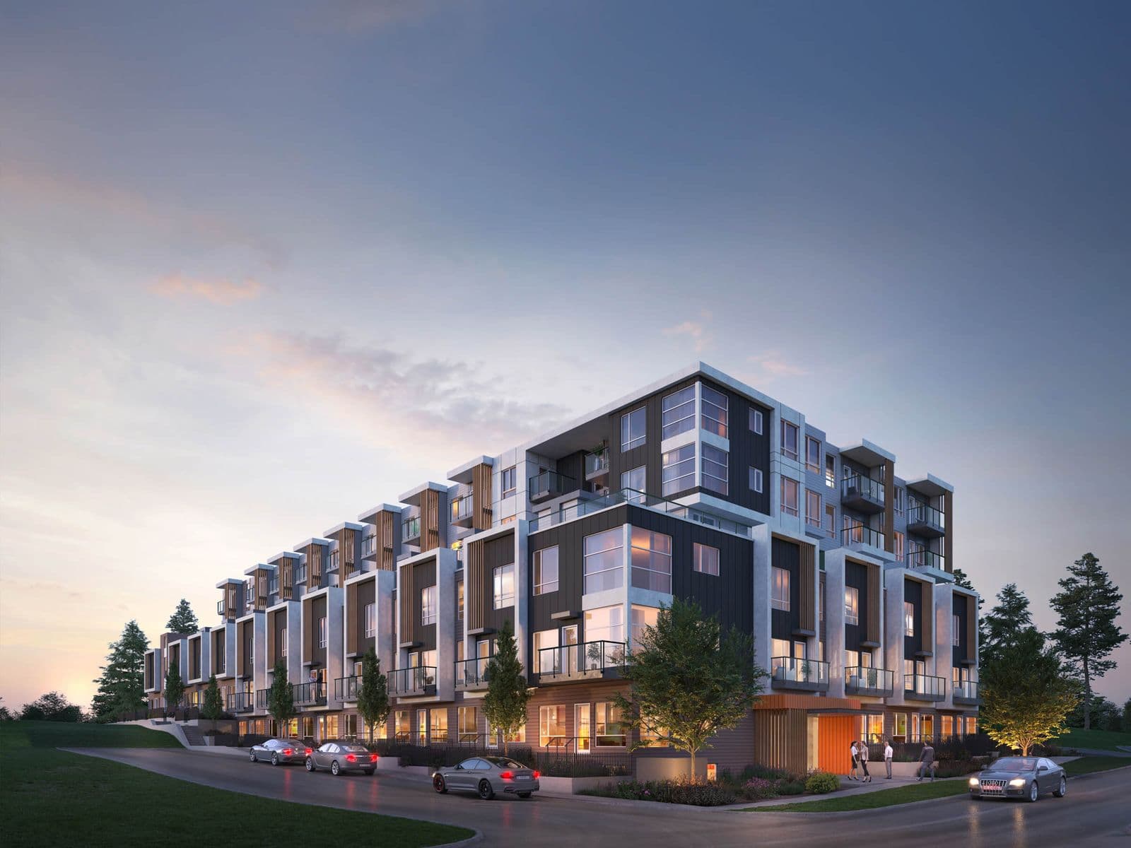 Harlowe – Wide dusk rendering of the building's street corner showing balconies, ground-level units, and landscaping.