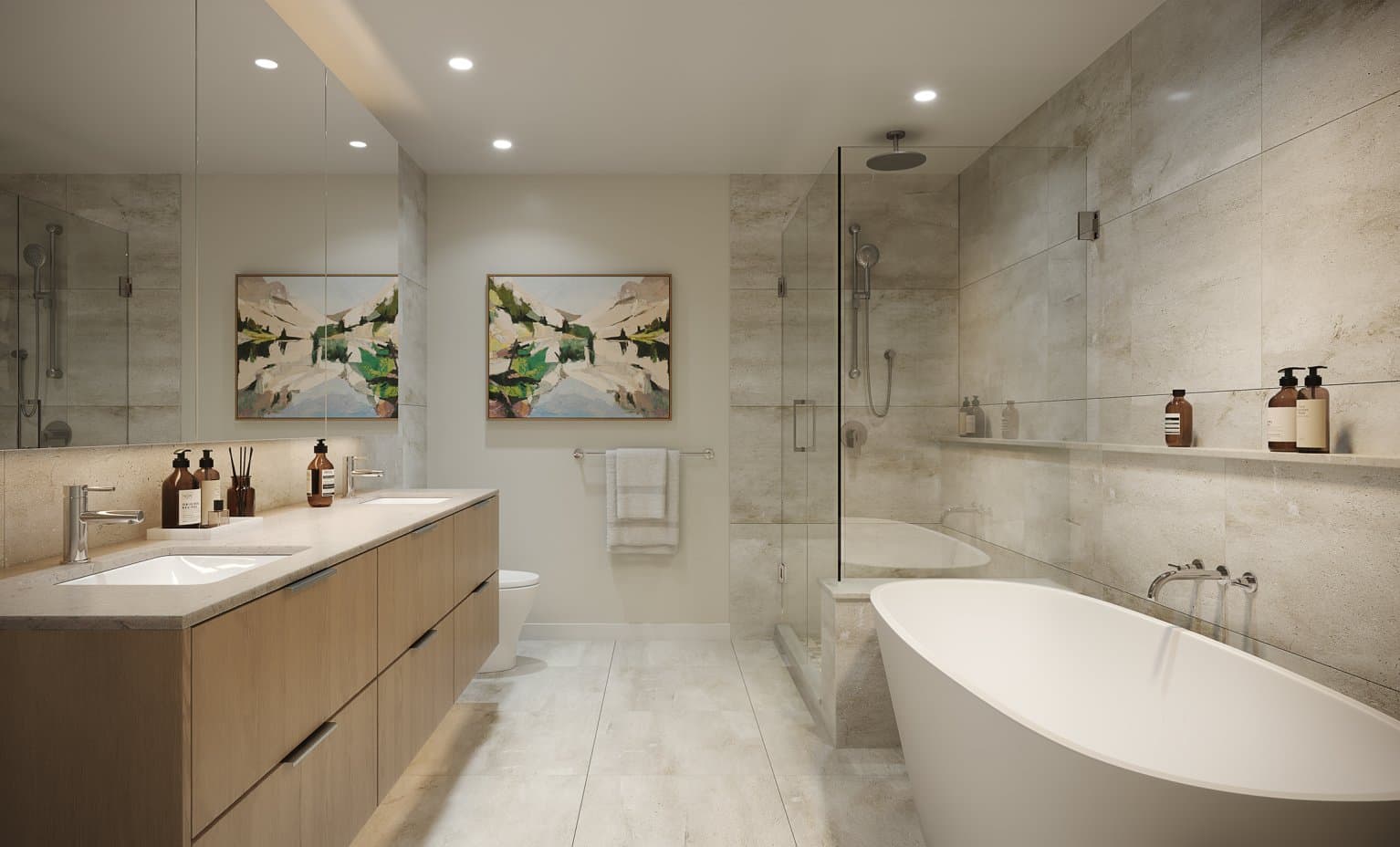 Elle – Rendering of a bathroom with a freestanding soaker tub, a glass-enclosed shower with rain head, a long stone-tiled wall, and a double vanity with wood cabinetry.