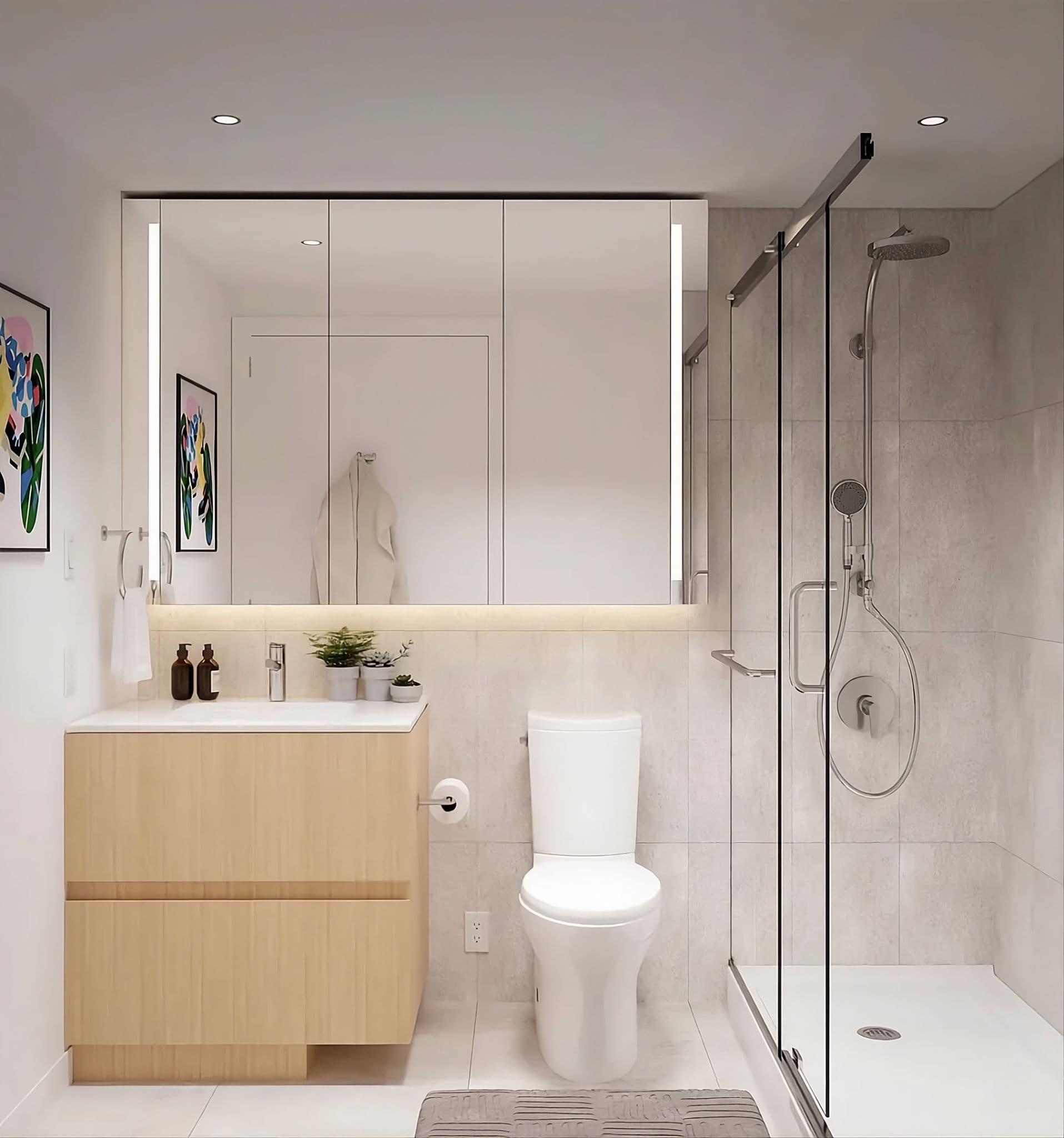 Parkway – Modern bathroom with a glass walk-in shower, floating vanity, and toilet.