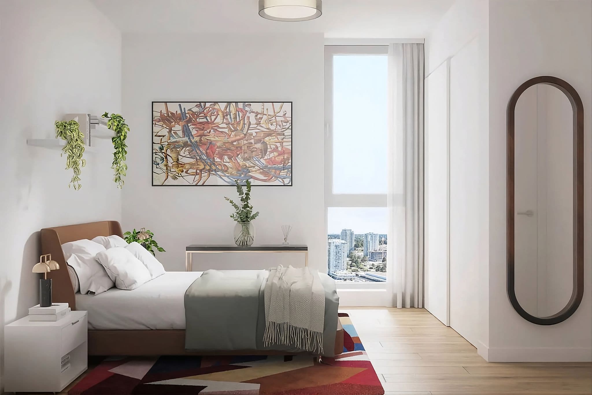 Parkway – Bedroom with a leather headboard bed, colorful artwork, and floor-to-ceiling window showing a city skyline view.