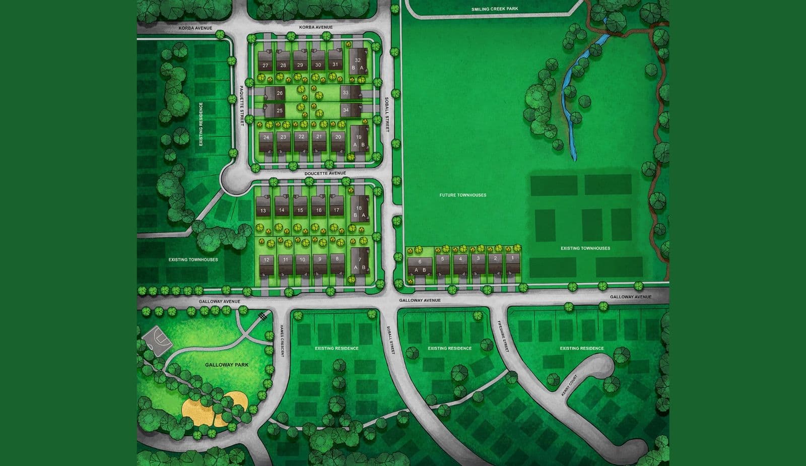 Parkview – A colour-coded community site plan/masterplan on a green background, showing numbered townhouse lots along Korba Avenue, Doucette Avenue, and Galloway Avenue, with Galloway Park and Smiling Creek Park marked nearby.