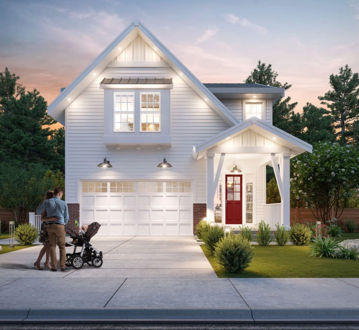 Parkview – Dusk exterior of a white single-family home with a steep front gable, red front door, brick skirting, and a family with a young child in a stroller standing in the driveway.