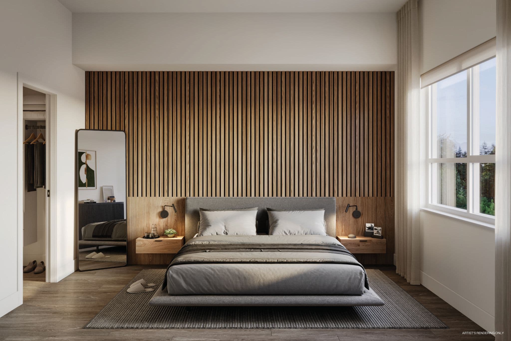Solana – Rendering of a primary bedroom with a wood slat accent wall, gray platform bed, and view into a walk-in closet.