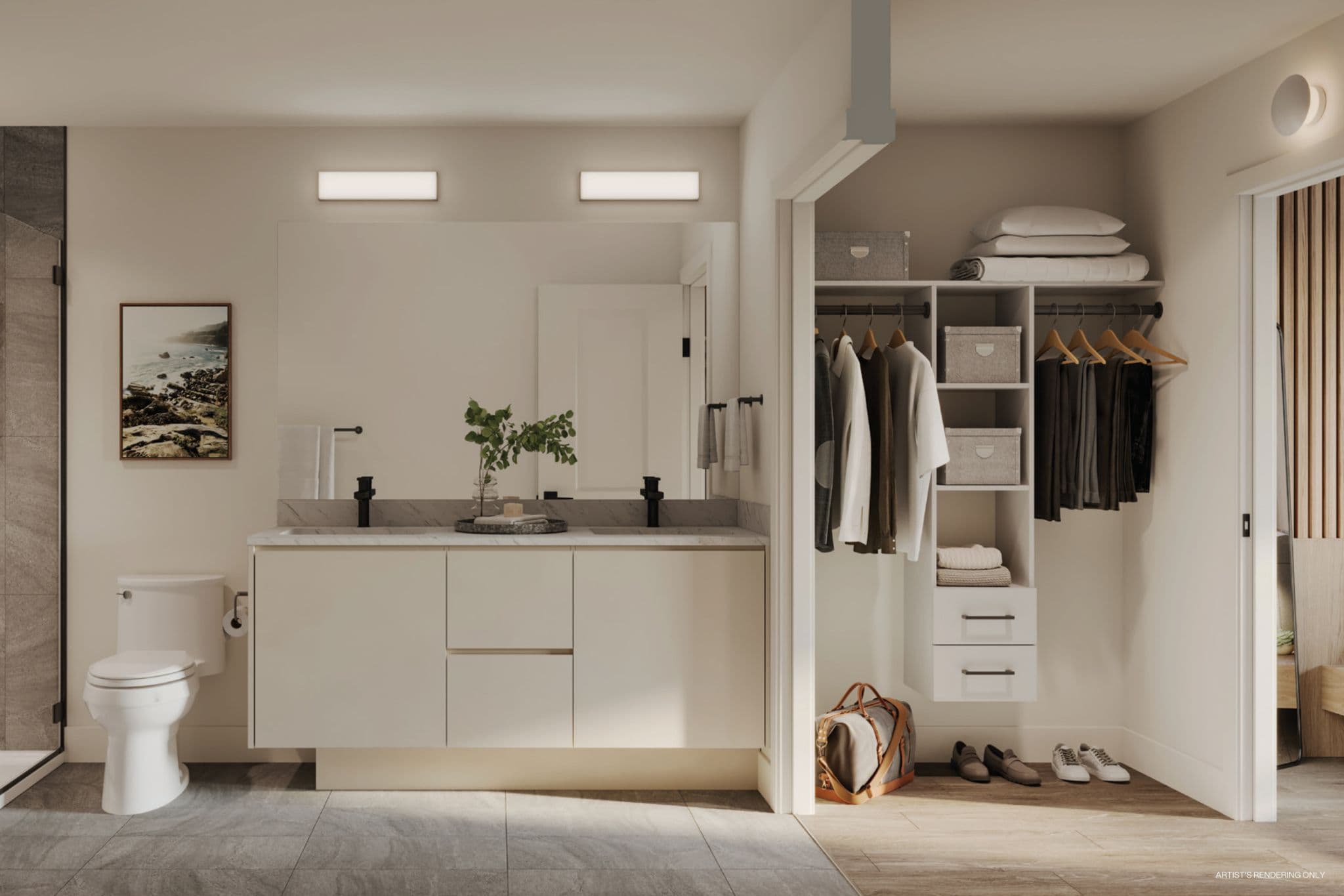 Solana – Rendering of a primary bathroom with a double sink vanity, large mirror, toilet, and adjoining walk-in closet.