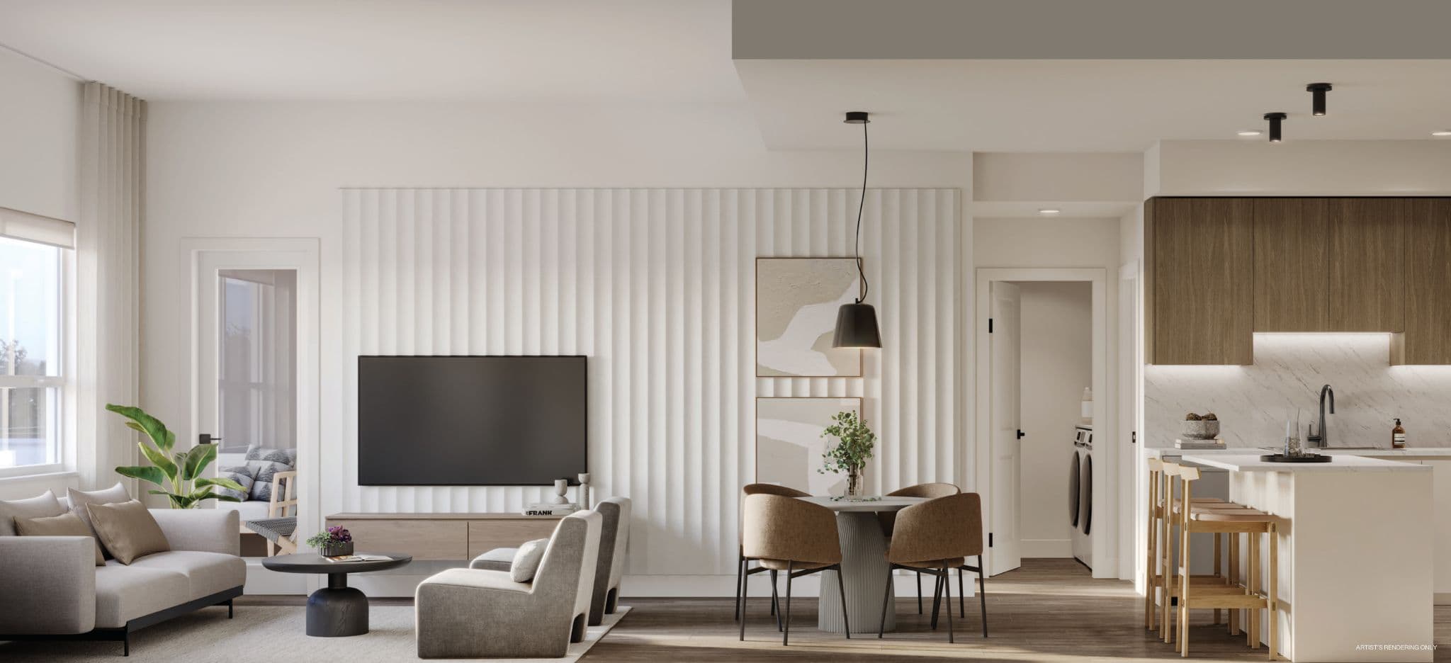Solana – Rendering of an open-concept living room, dining area, and kitchen with a fluted feature wall and wood cabinetry.