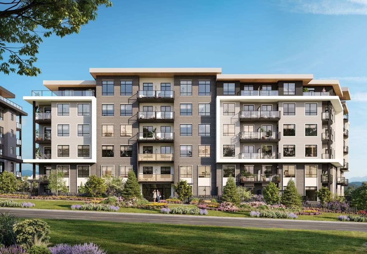 Solana – Street-level rendering of a mid-rise apartment building with dark and light siding, balconies, and a landscaped front garden.