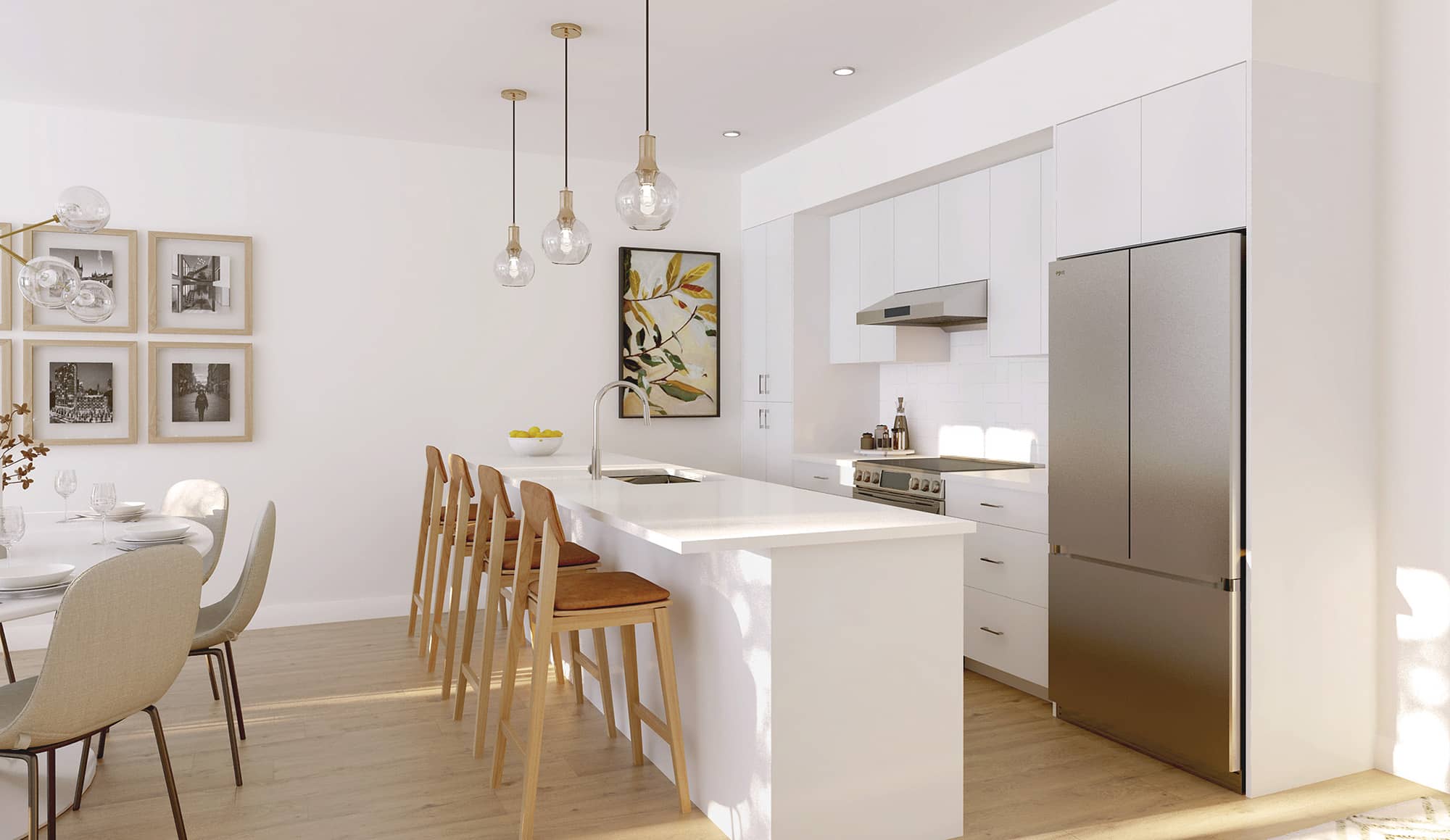 Ravir – Kitchen with white cabinets, wood-toned bar stools at an island, and a stainless-steel fridge, with a dining table visible to the left.