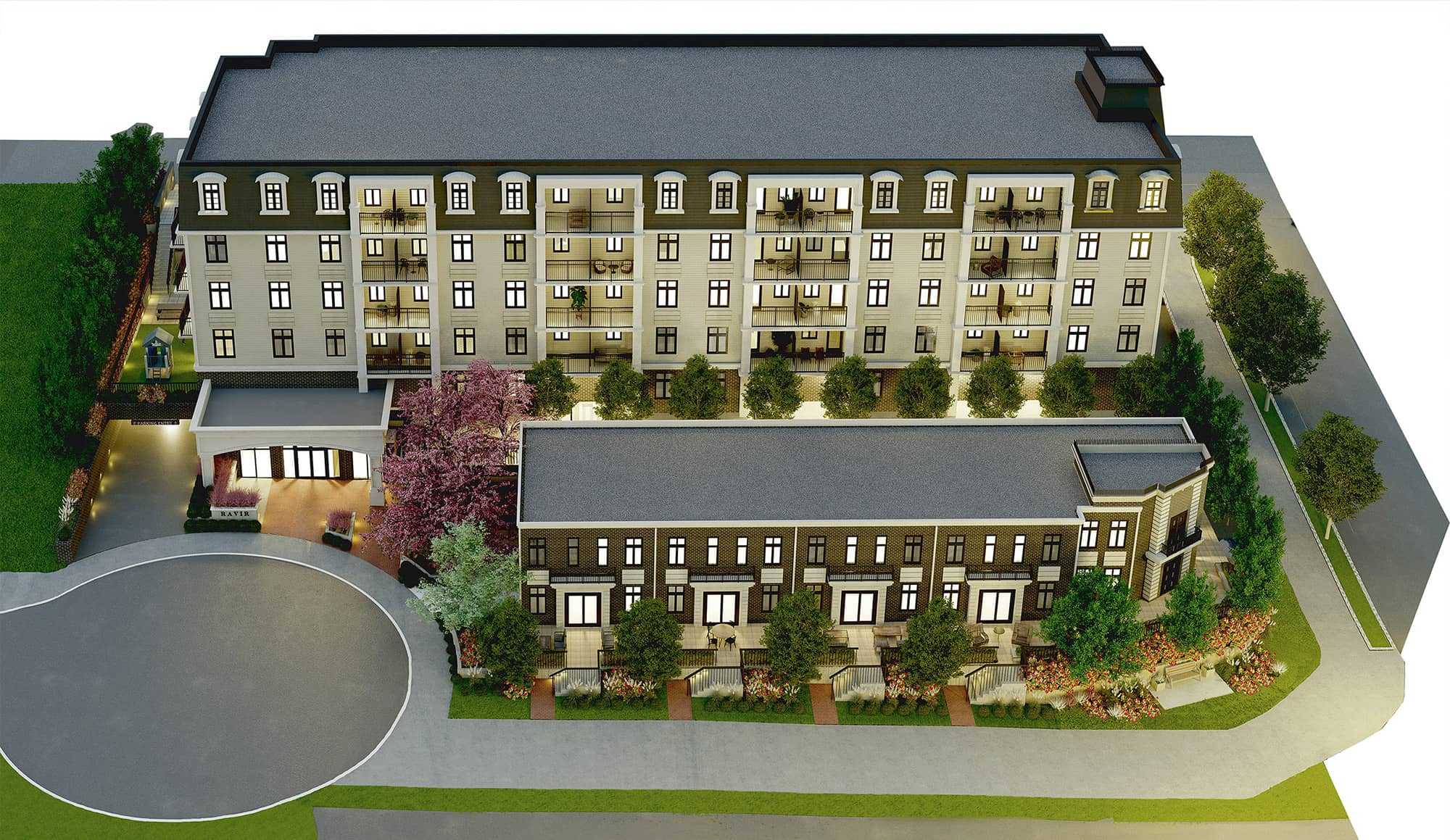 Ravir – Bird's-eye architectural rendering of the building complex showing the main structure and attached townhomes with landscaping and a circular driveway.