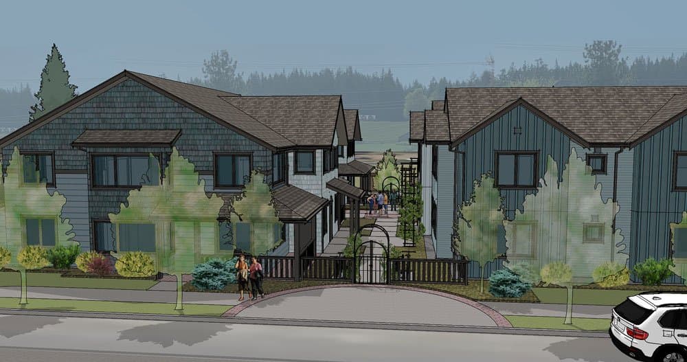 Roots Residences – Rendering of a townhome community with shingled gable roofs facing each other across a central landscaped pedestrian walkway with an entry gate.