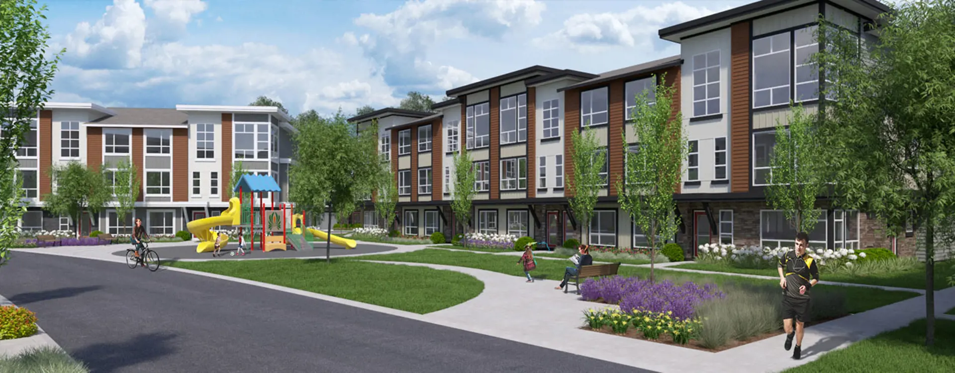 MidTown – Rendering of a shared courtyard between townhome buildings with a children's playground, walking paths, benches, and landscaping.