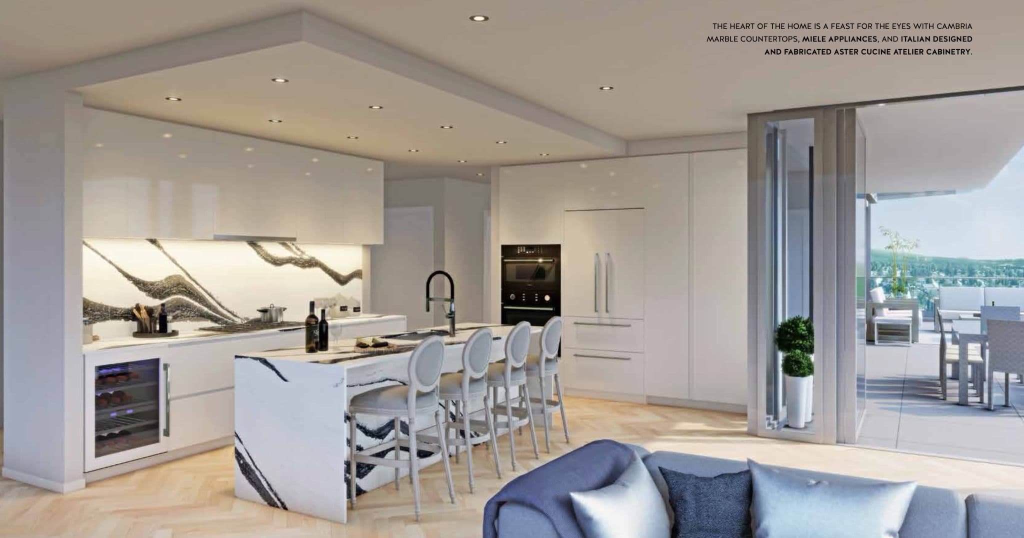 Millennium Central Lonsdale Condos – A bright white kitchen with a marbled backsplash, built-in oven, waterfall island seating four, and floor-to-ceiling doors opening to a terrace.