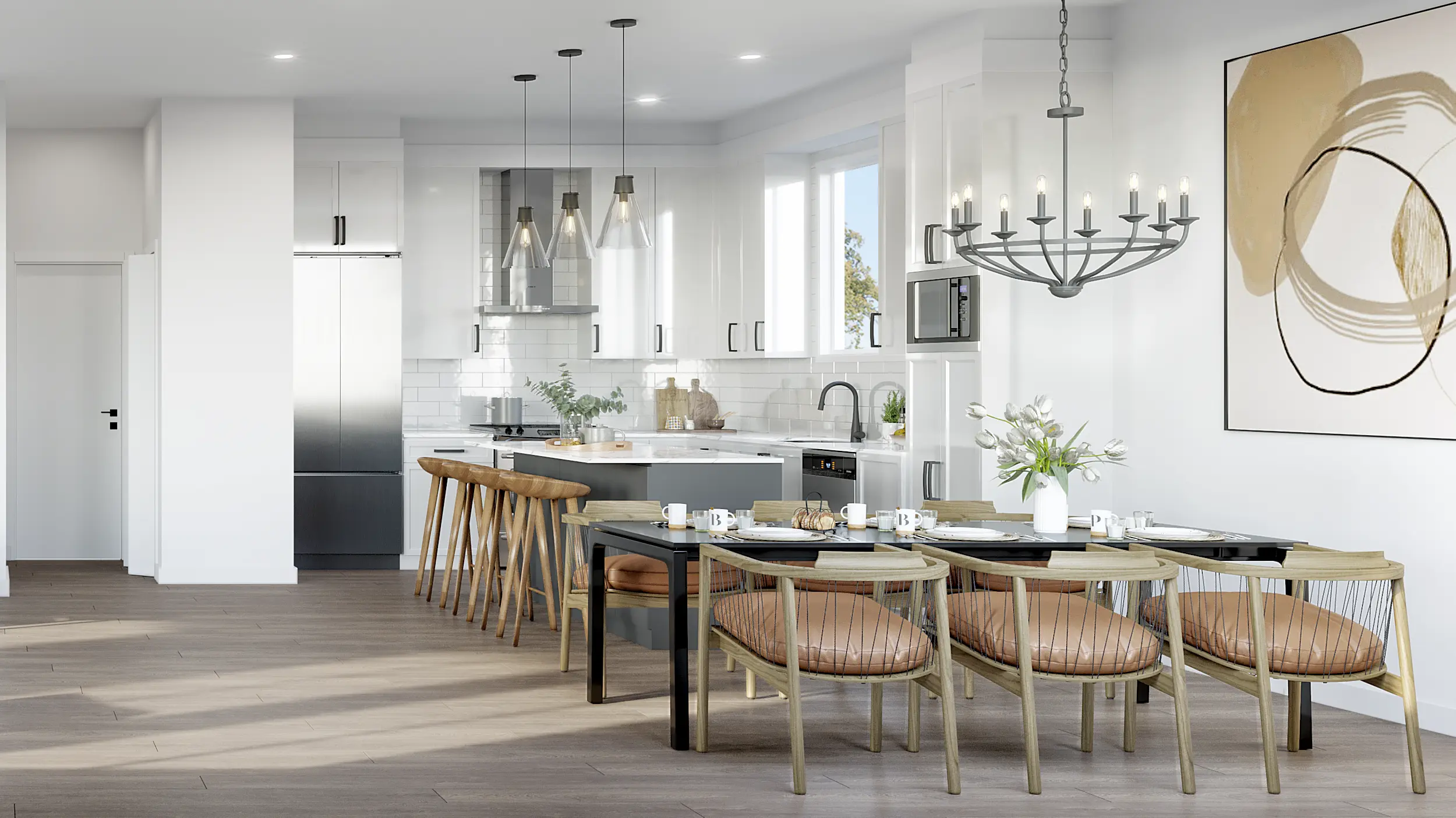Bloom at Yorkson – A bright, open-concept kitchen and dining area with white cabinetry, a white subway tile backsplash, stainless steel appliances, and a dark island with wooden barstools. In the foreground, a modern dining table with tan leather cushion chairs sits beneath a distinctive chandelier, filled with soft natural daylight.