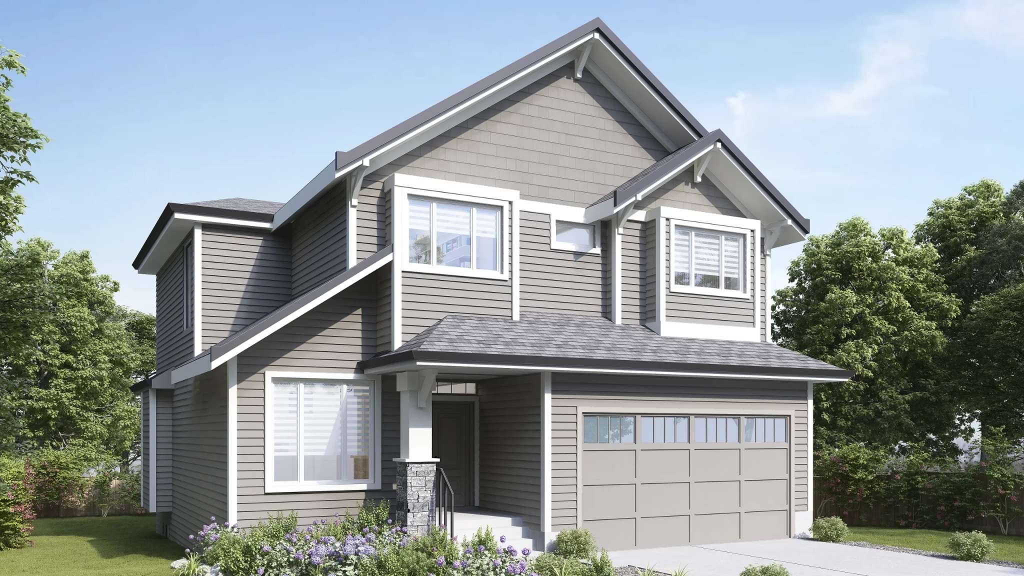 Bloom at Yorkson – An exterior rendering of a two-storey single-family home featuring grey horizontal siding and shingle accents, crisp white trim, and a pitched asphalt roof. The front includes an attached garage, a covered entryway supported by a stone-base column, and neat landscaping with purple flowering shrubs against a clear blue sky.