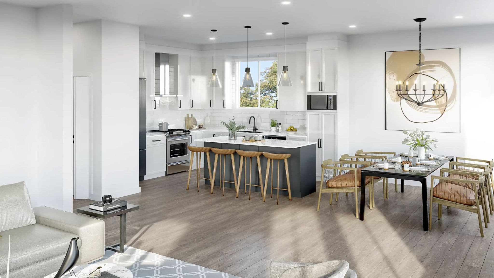 Bloom at Yorkson – A bright, open-concept kitchen and dining area featuring white cabinetry, a dark contrast kitchen island with wooden barstools, and stainless steel appliances. Adjacent is a dining table set for six under a sculptural chandelier, all set over light wood-plank flooring in natural daylight.
