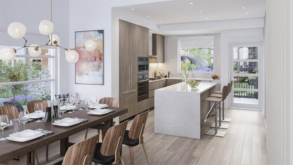 Belle Isle – Kitchen and dining area rendering with a wood dining table, branching globe pendant light, and a marble waterfall island.