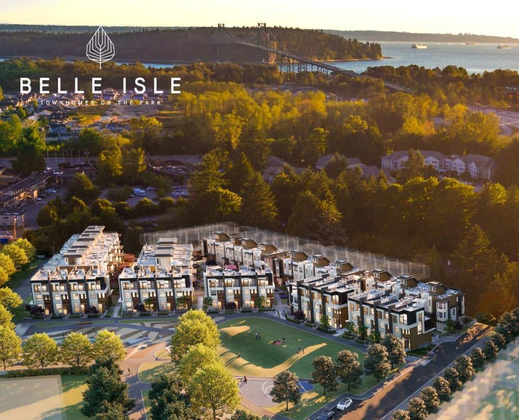Belle Isle – Aerial rendering of the entire Belle Isle townhome complex with a central park, surrounding forest, and a suspension bridge over the water in the distance.