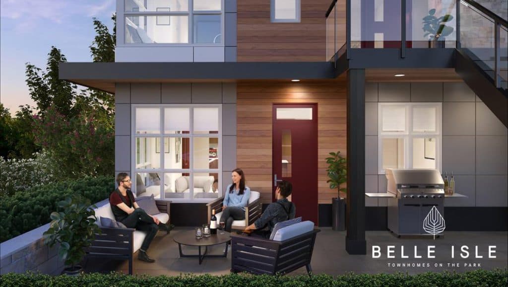 Belle Isle – Ground-floor patio rendering with outdoor lounge seating and a BBQ station beside the 'Belle Isle Townhomes on the Park' logo.