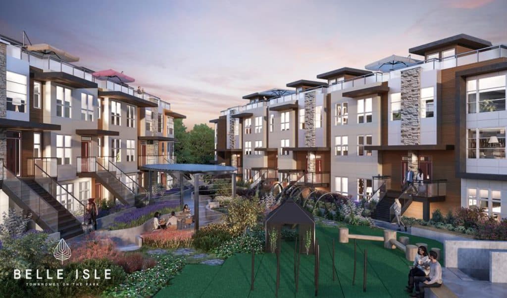 Belle Isle – Rendering of the shared courtyard between townhome rows with a children's play structure, garden path, and seating areas.