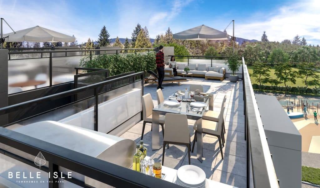 Belle Isle – Private rooftop deck rendering with dining table, lounge sofa, and umbrellas, overlooking a park and playground below.