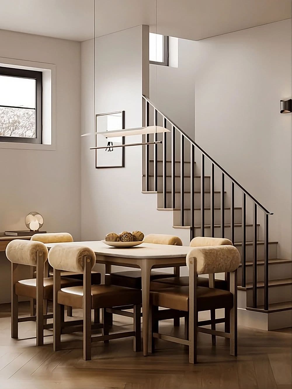 Edwyn – A contemporary dining area featuring a light wood table paired with unique chairs upholstered in leather and plush shearling-style rounded backrests, illuminated by a minimalist linear pendant light. In the background, a staircase with sleek dark vertical railings ascends alongside neutral beige walls, creating an elegant and warm interior atmosphere.