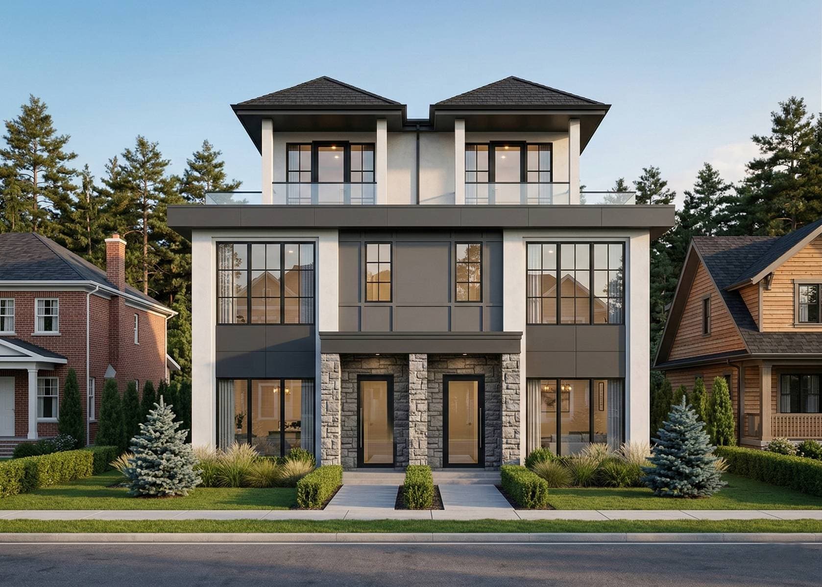 Edwyn – A symmetrical three-story duplex featuring stone masonry accents on the ground floor, dark paneling, large grid windows, and upper-level balconies with glass railings beneath dual hip roofs. The home sits along a sidewalk with neat front landscaping and is flanked by mature trees and neighboring single-family houses under clear daylight.