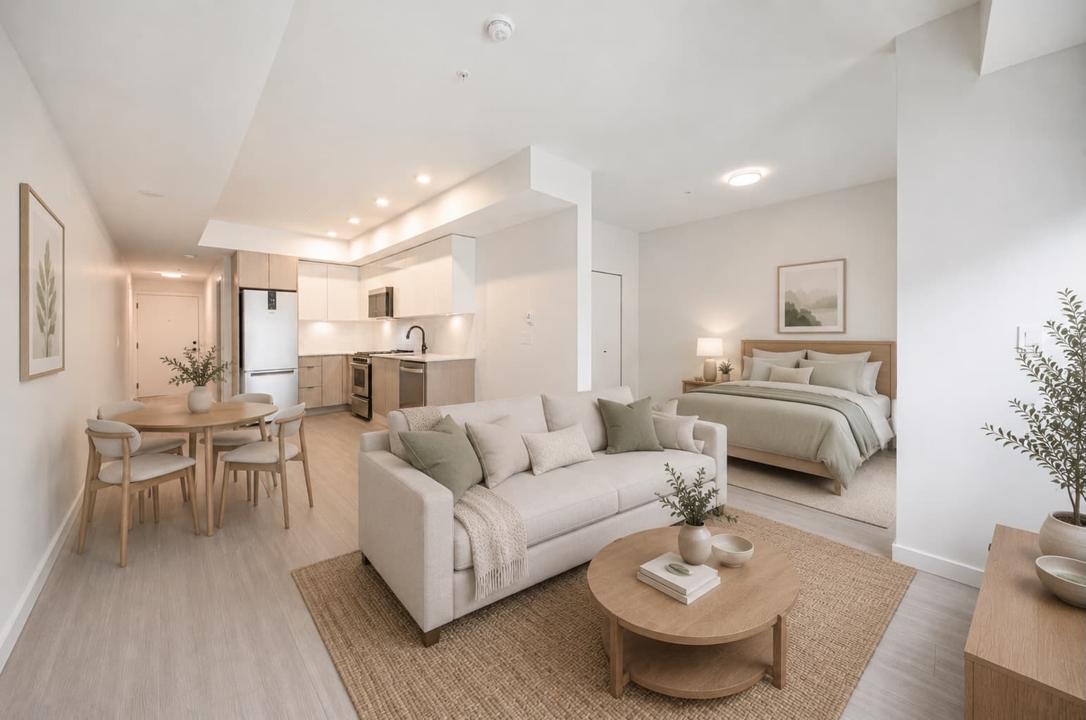Riverstone – A bright, open-concept studio apartment featuring a living area with a cream sofa and round wooden coffee table, transitioning into an open sleeping nook with a neatly made bed. An open kitchen with light wood and white cabinetry, stainless steel appliances, and a small dining table set occupies the background alongside light laminate flooring.