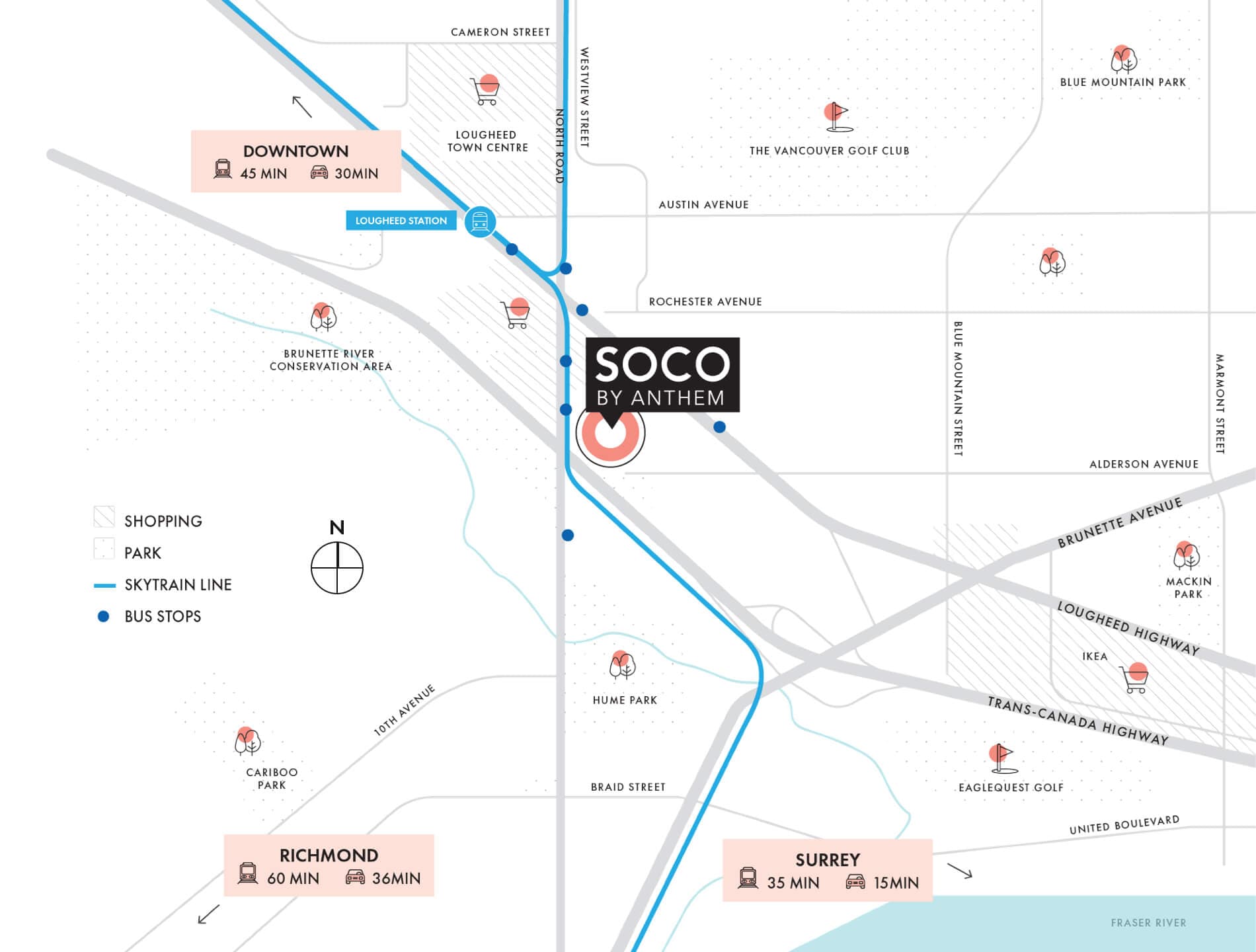 SOCO Two – A location map showing SOCO by Anthem near Lougheed Station, parks, shopping, and highway access with driving/transit times to Downtown, Richmond, and Surrey.