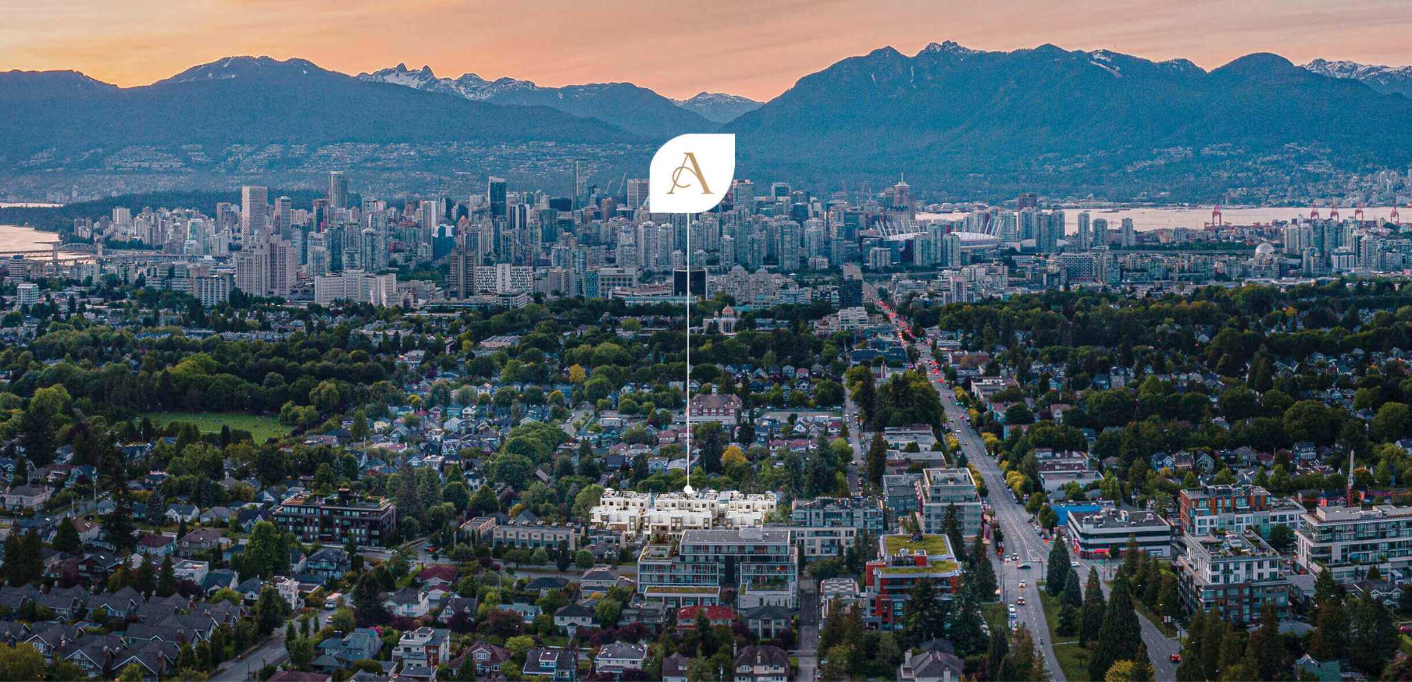 Astrid – A wide aerial overview captures a residential development pinned with a stylized leaf logo, surrounded by leafy suburban neighborhoods. In the background, a dense city skyline rises against a dramatic backdrop of mountain ranges under a warm dusk sky.