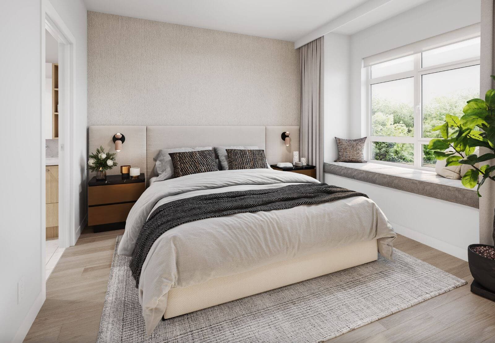 Astrid – A modern bedroom featuring a neatly made bed with a light grey duvet, dark accent pillows, and an upholstered headboard against a textured wallpaper feature wall. Next to a potted fiddle-leaf fig tree, a window nook includes a padded window seat overlooking green trees outside.