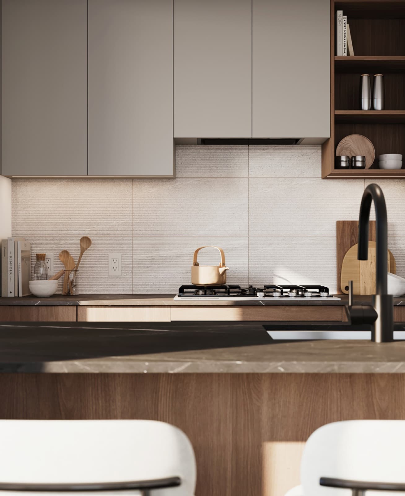 Chapter – Close-up of a kitchen stovetop and backsplash with wood cutting boards, utensils, and a brass kettle.