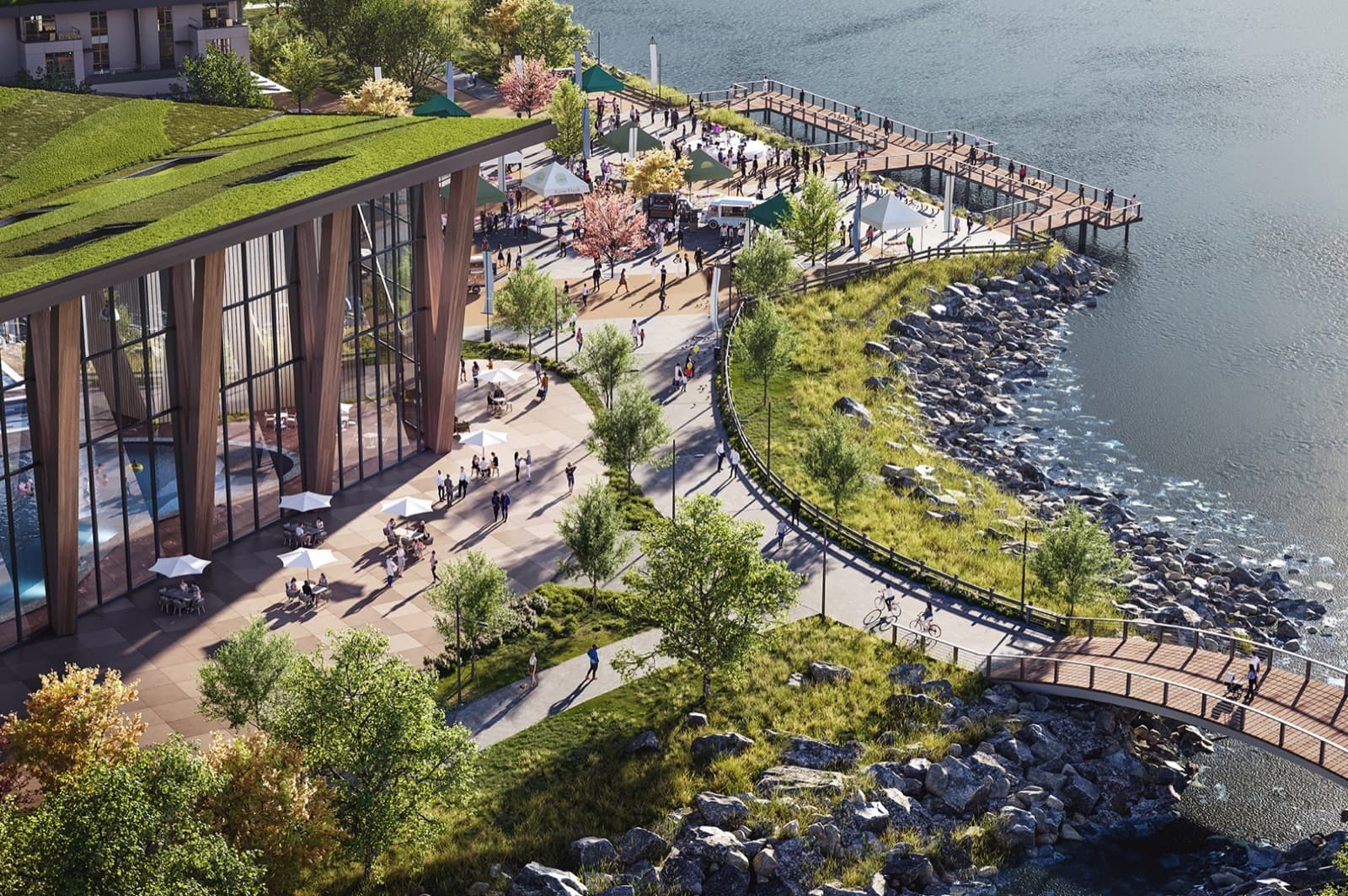 Chapter – Aerial rendering of a waterfront promenade with a glass-and-timber pavilion, green roof, boardwalk, and people strolling along the shoreline.