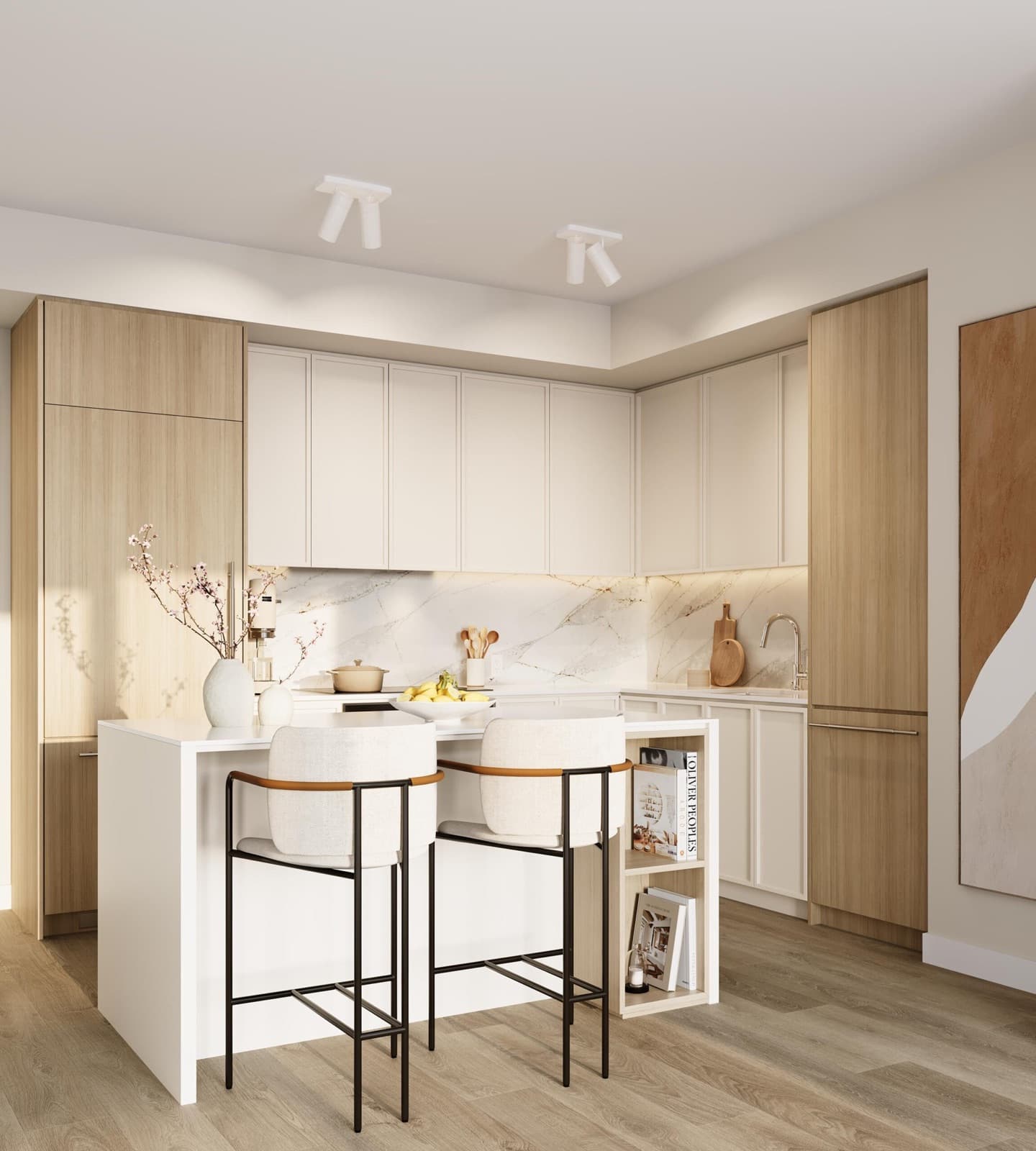 Chapter – Kitchen with a two-tone wood and white cabinet layout, marble backsplash, island seating, and a built-in refrigerator.