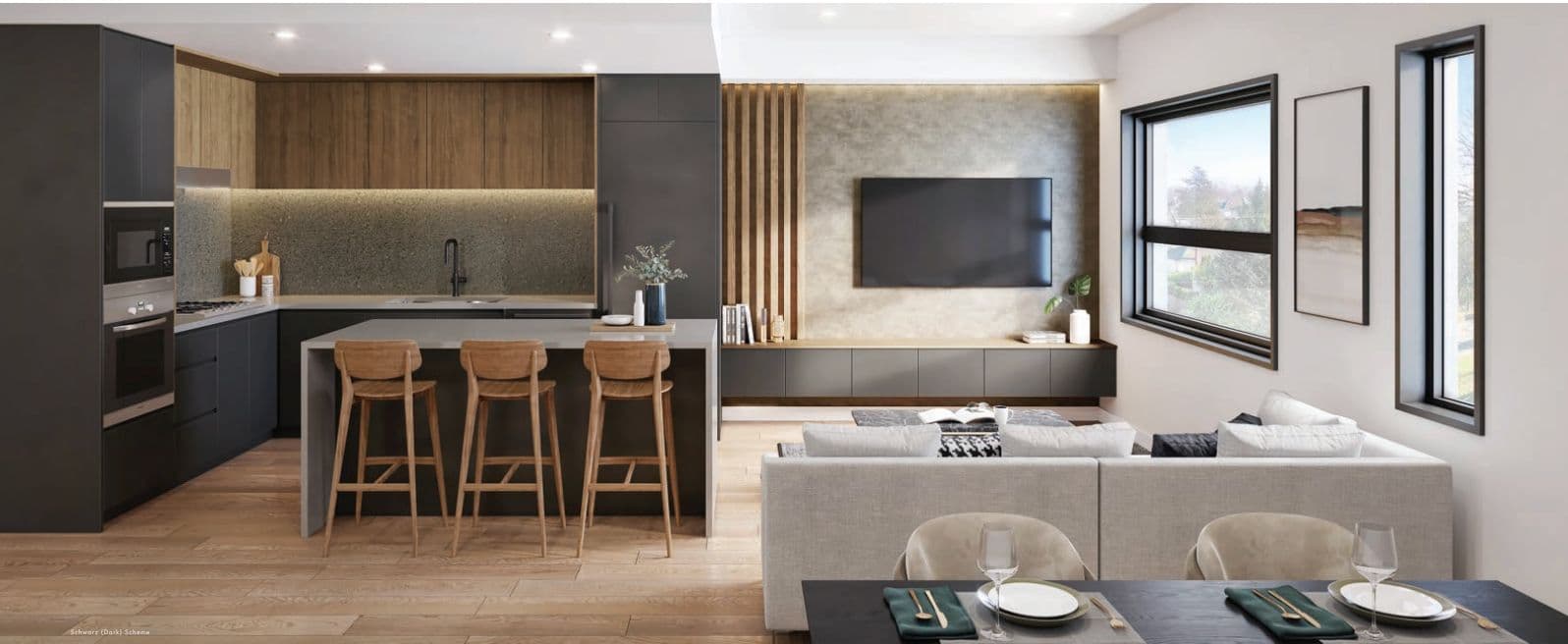 Oakhaus – Rendering of an open-concept kitchen and living room with dark and wood-tone cabinetry, a waterfall island with bar stools, and a wall-mounted TV above a floating media console.