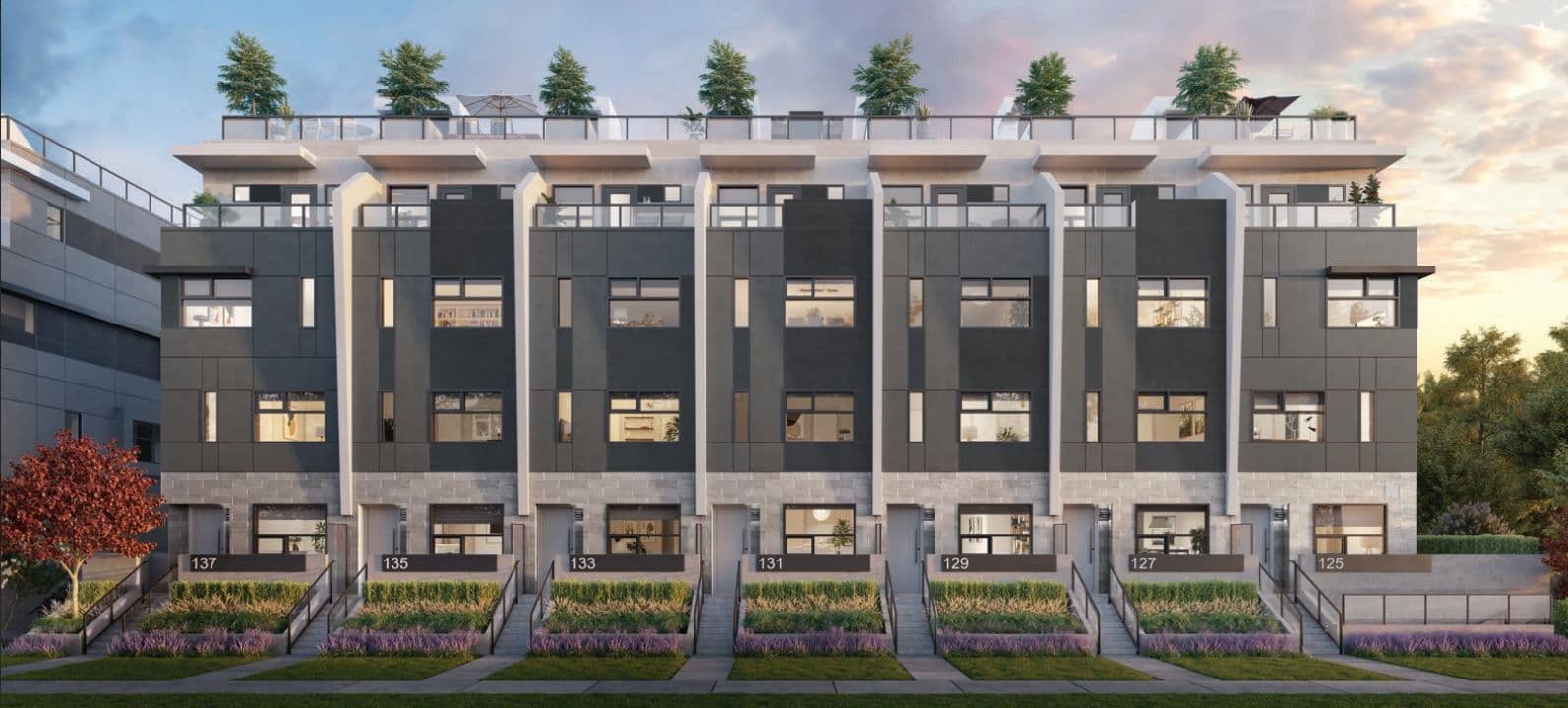 Oakhaus – Rendering of a multi-storey townhome building with rooftop terraces and greenery, numbered entrances 125 through 137, and landscaped front gardens.