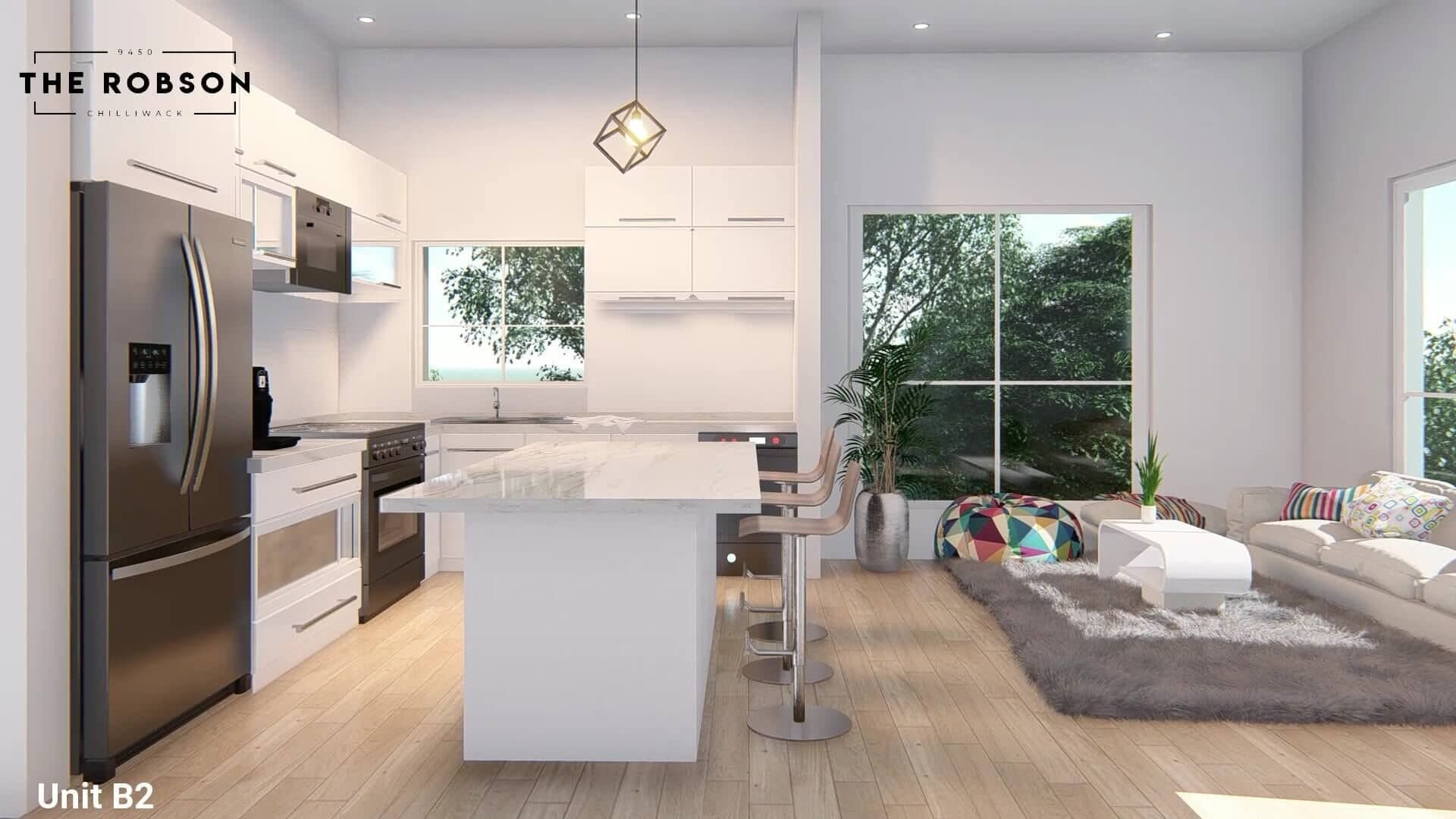 The Robson – Rendered open kitchen and living area in Unit B2 with a white marble island, dark cabinetry, bar stools, and a colorful bean bag chair beside large windows overlooking trees.