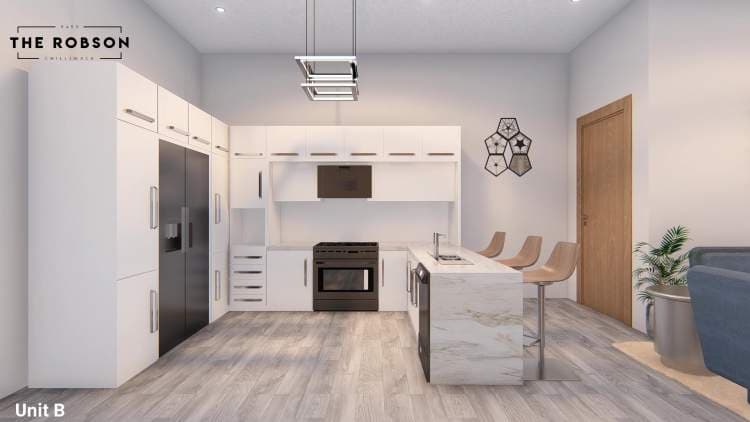 The Robson – Rendered kitchen in Unit B with white cabinetry, a dark stainless refrigerator and range, and a marble-look waterfall island with bar stools.