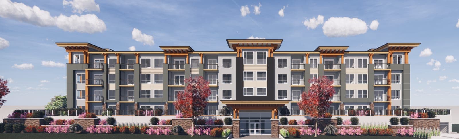 The Robson – Rendering of a mid-rise condo building's front elevation with wood-trellis accents, balconies, and landscaped garden terraces along the street.