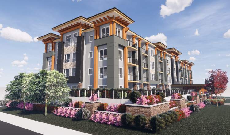 The Robson – Rendering of the building's exterior from a corner angle, showing balconies, wood trellis accents, and a landscaped entry with flowering shrubs.