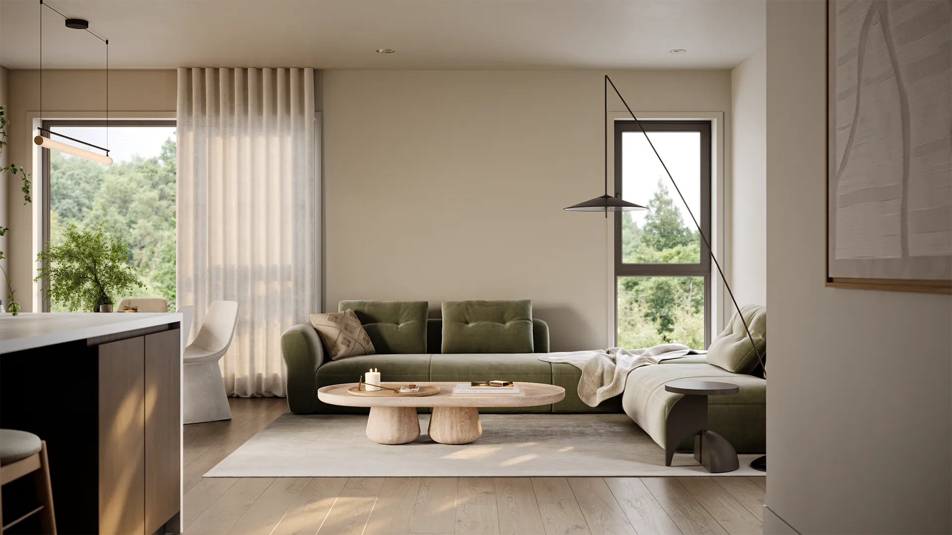 Willa – Wider-angle rendering of the same living room with the kitchen island visible in the foreground.
