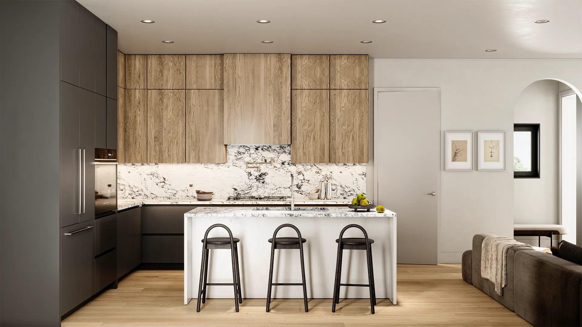 Willa – Kitchen rendering with a dramatic marble backsplash and island, dark lower cabinetry, and wood upper cabinets.