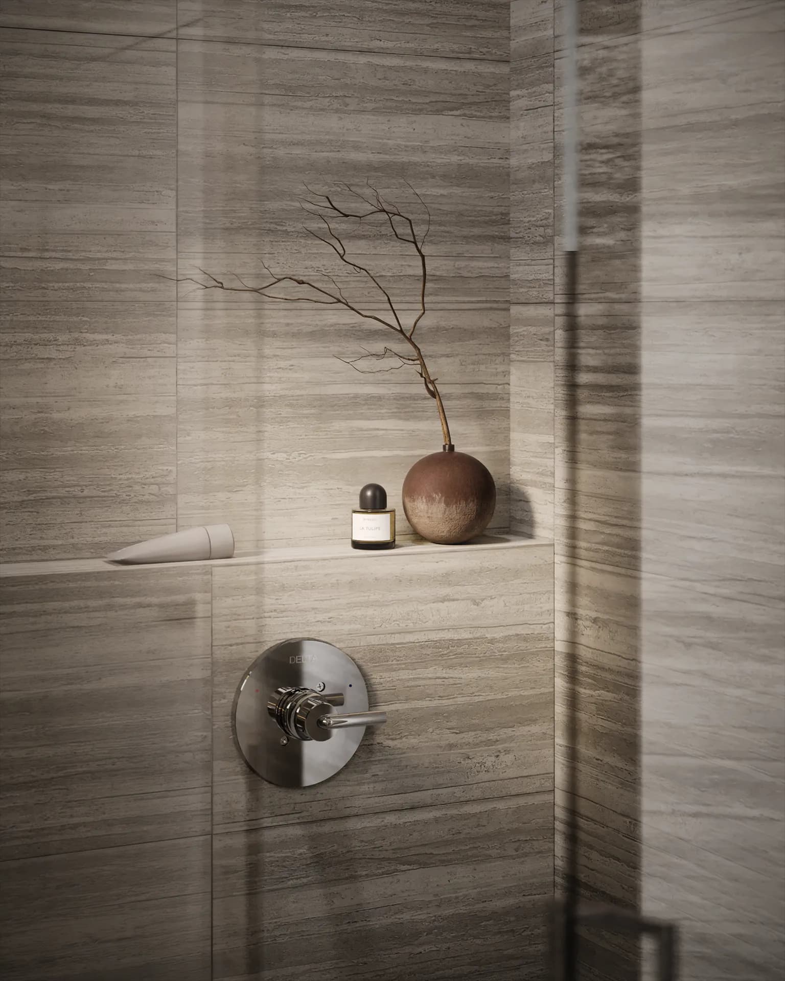 Willa – Close-up rendering of a shower niche with a Delta shower valve and decorative styling.