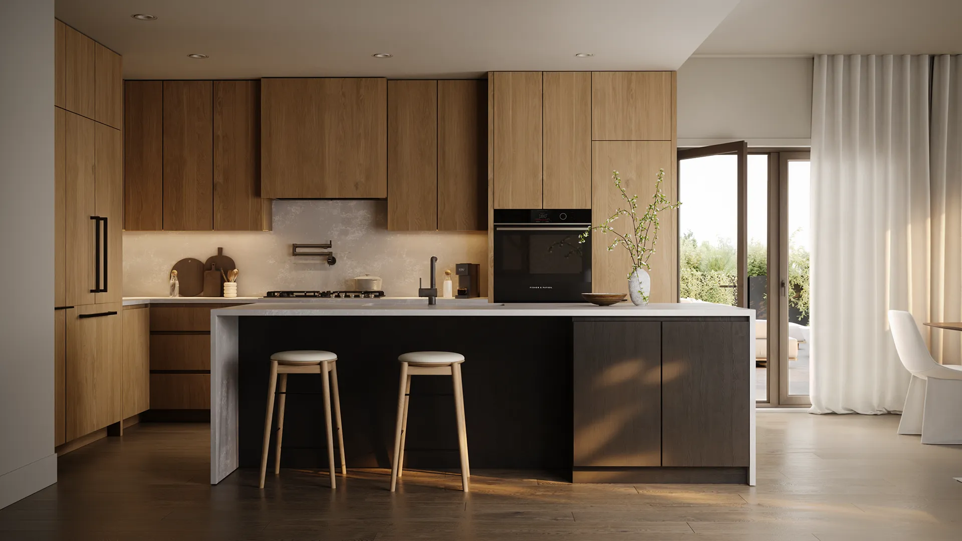 Willa – Kitchen island rendering with wood cabinetry, black island base, and a glass sliding door to a terrace.