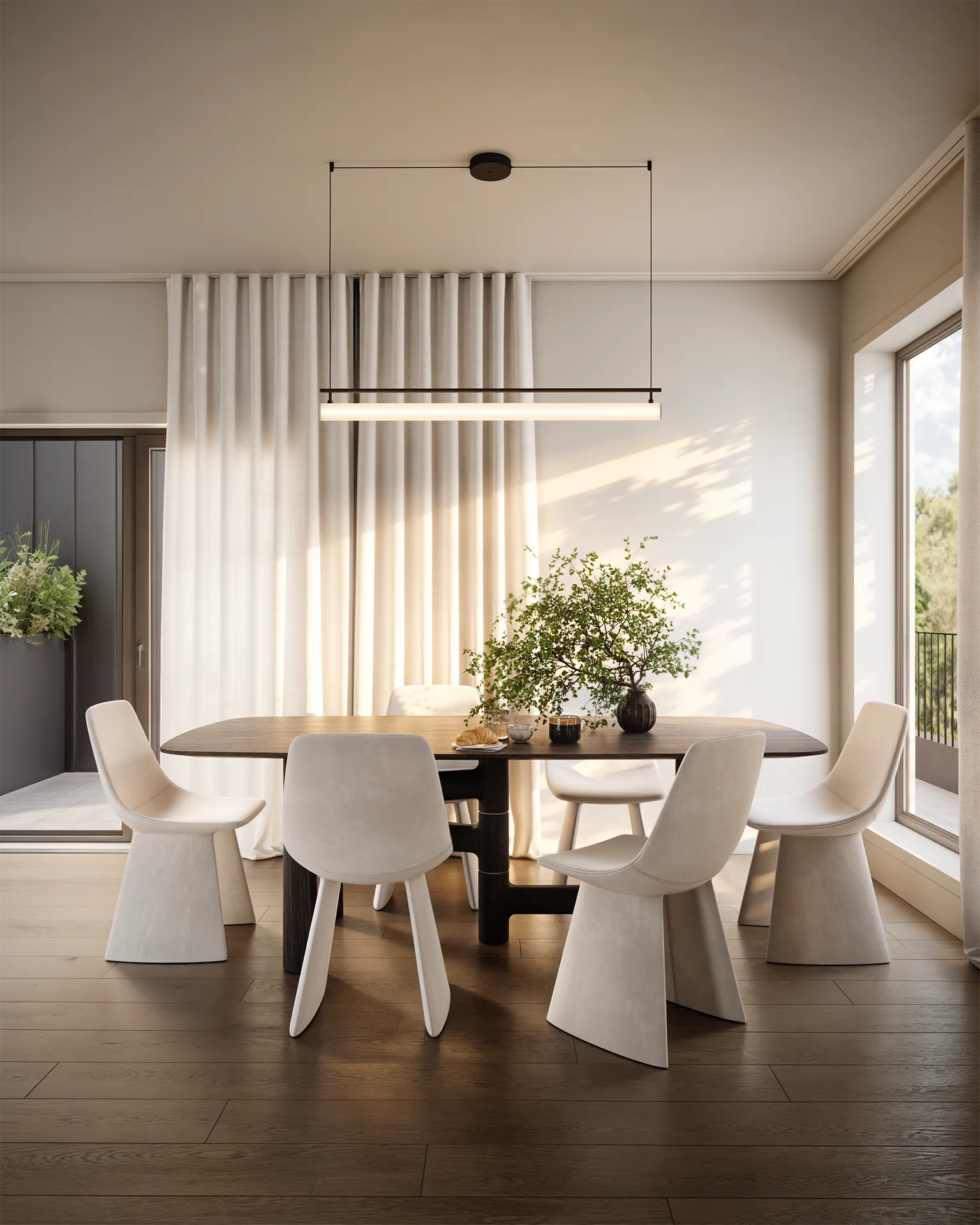 Willa – Dining room rendering with sculptural upholstered chairs, a dark wood table, and a linear pendant light.