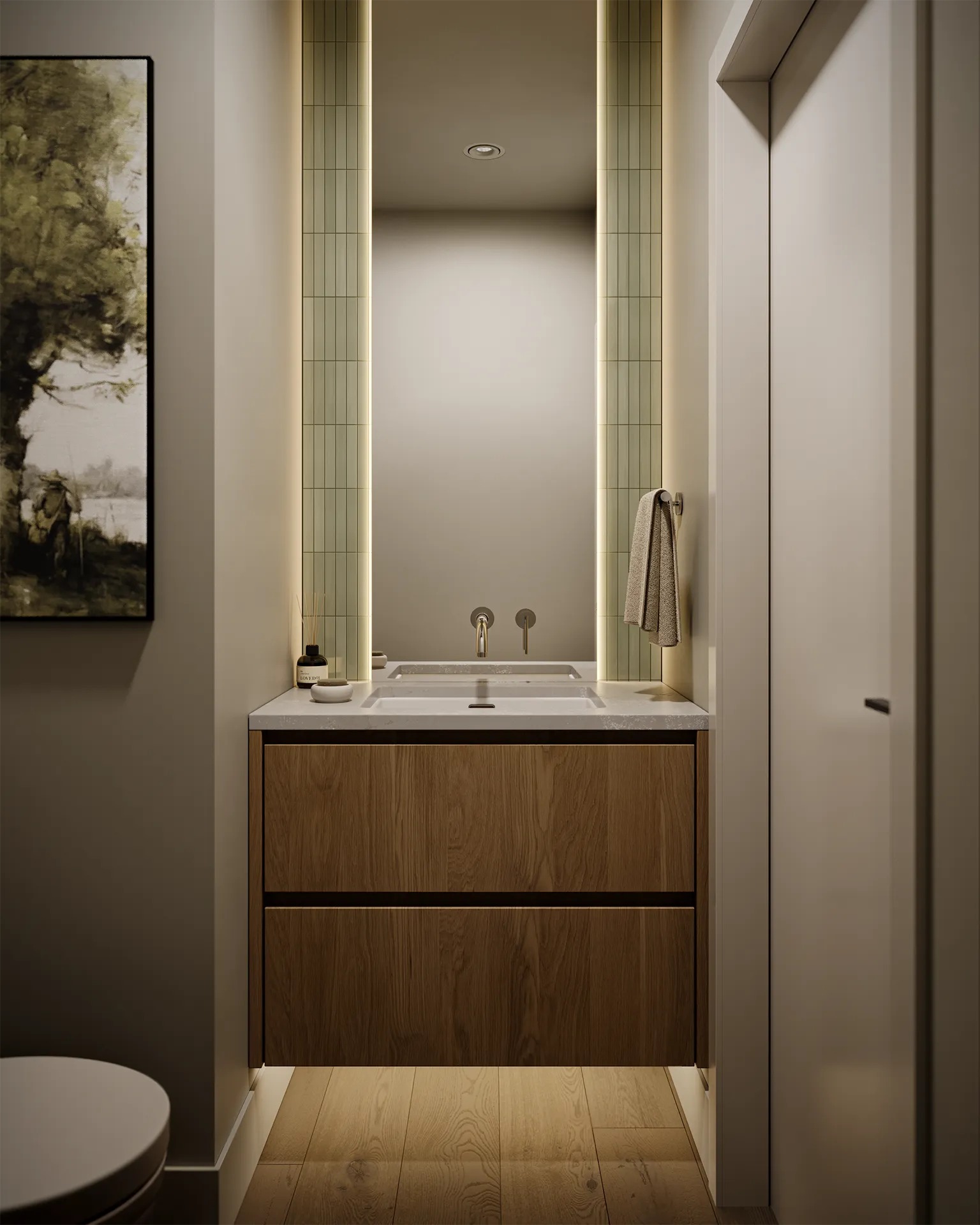 Willa – Powder room rendering with a floating wood vanity and a vertically lit mirror niche.