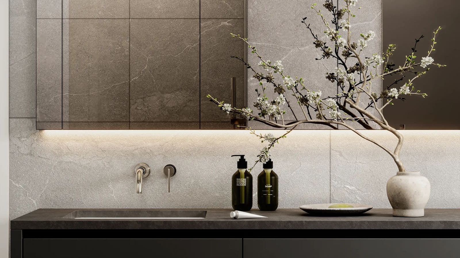 Willa – Close-up rendering of a dark stone bathroom vanity with wall-mounted fixtures and styled decor.