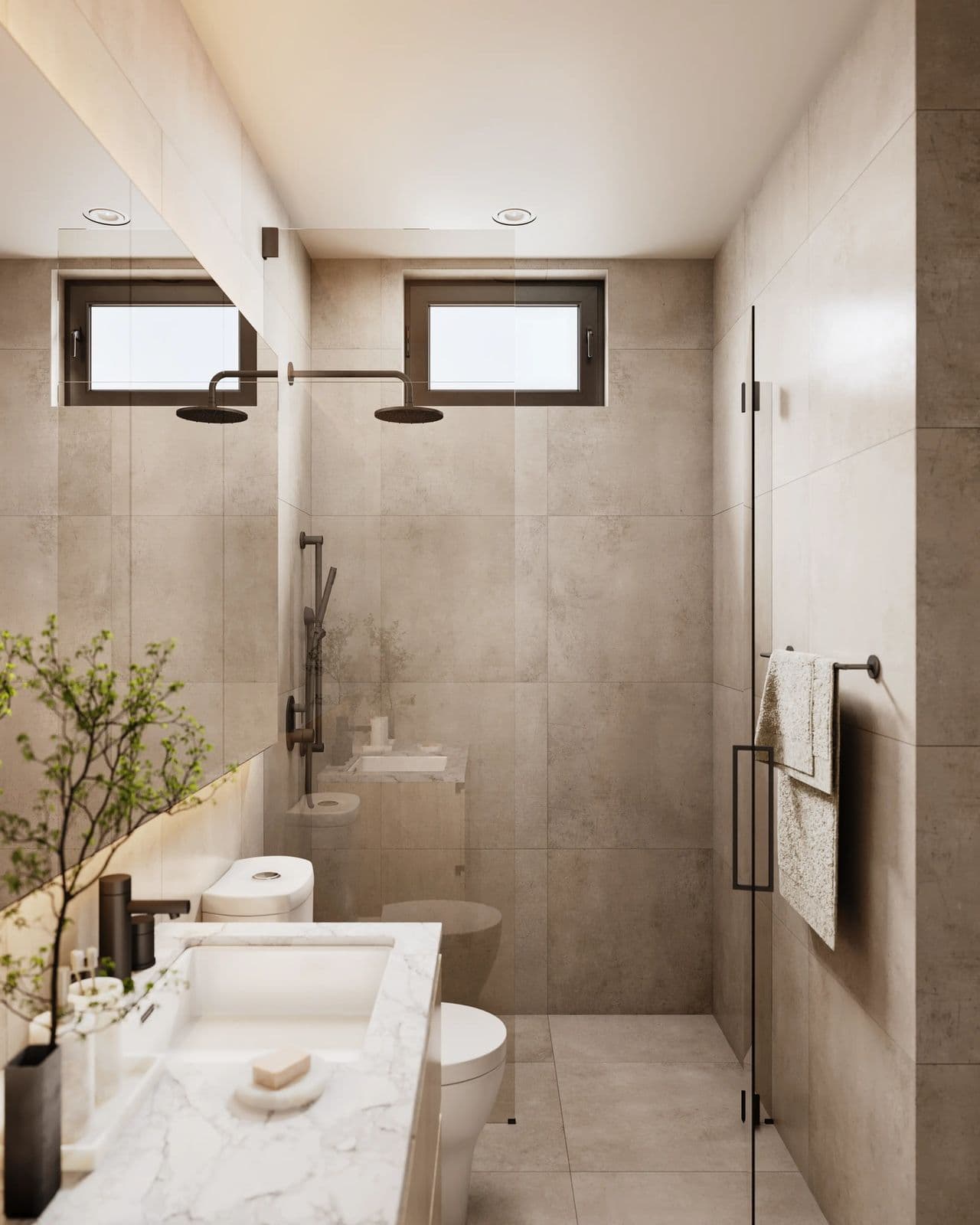 Willa – Full bathroom rendering with a tiled walk-in glass shower, toilet, and marble vanity.