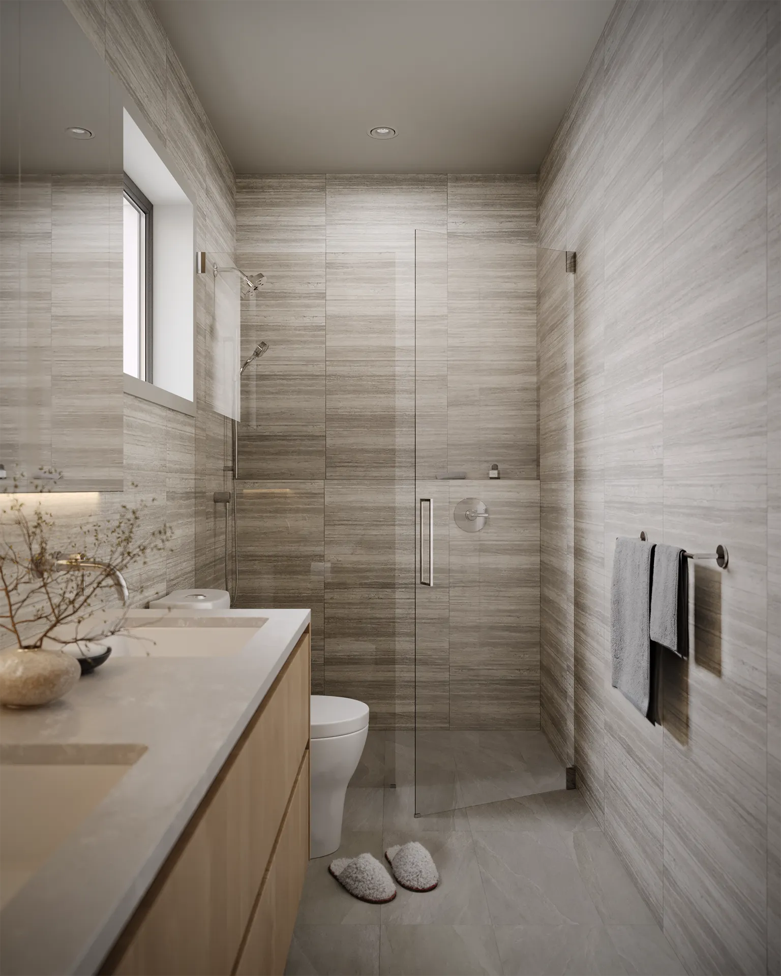 Willa – Full bathroom rendering showing the glass shower, toilet, and vanity together from a wider angle.